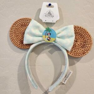 Disney Pastel Blue Bow Minnie Ear Headband with Woven Rattan Ears